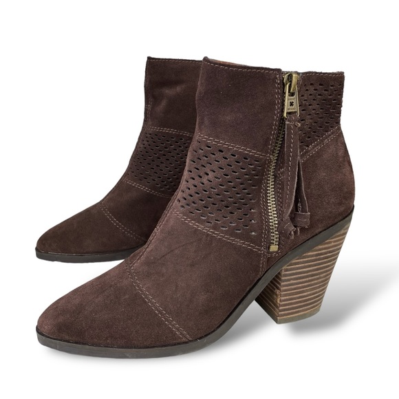 Lucky Brand Western Booties Perforated Boho Brown Suede Leather Ankle Boot - Picture 4 of 12